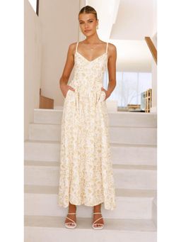 Outzidr - Yellow Printed Waistline Dress