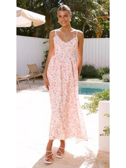 Outzidr - Pink Printed Waistline Dress