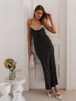 Outzidr - Black Polka Dotted Lacae Inserts Dress