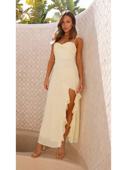 Outzidr - Yellow Strappy Side Slit Frilly Dress