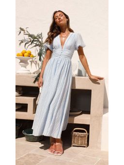 Outzidr - Blue Plunge Neck Cinched Waist Dress