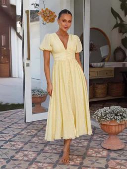 Outzidr - Yellow Plunge Neck Cinched Waist Dress