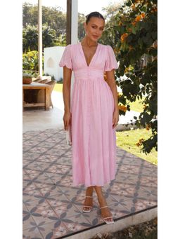Outzidr - Pink Plunge Neck Cinched Waist Dress