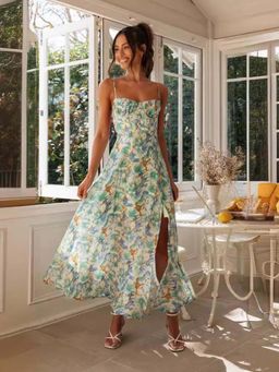 Outzidr - Multi Corset Top Printed Flowy Dress