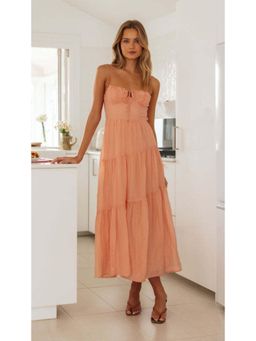 Outzidr - Peach Smocked Bustier Strappy Dress