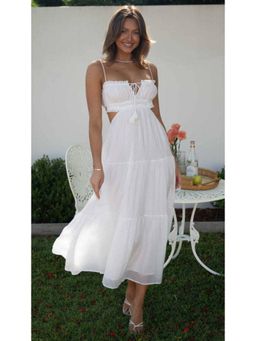 Outzidr - White Noodle Strap Back Tie Up Dress