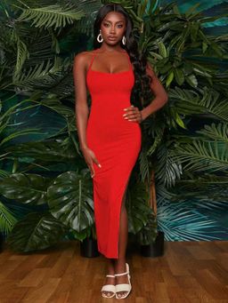 Outzidr - Red Halter Neck Slit Dress