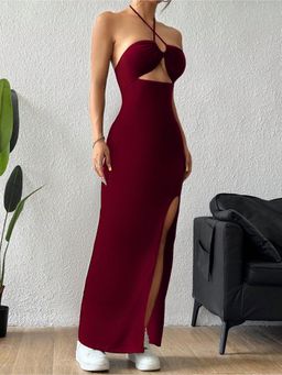 Outzidr - Burgundy Halter Neck Cut Out Dress