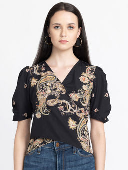 SHAYE - Women V-Neck Black Printed Short Sleeves Party Top