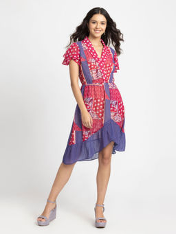 SHAYE - Women V-Neck Pink Printed Short Sleeves Casual Dresses