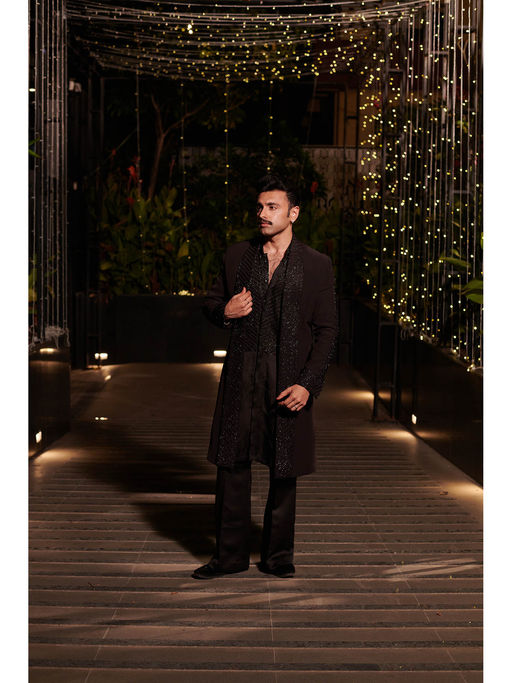 Jigar and Nikita Black Neil Jacket with Kurta and Pant (Set of 3)