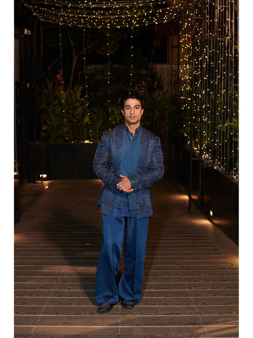Jigar and Nikita Navy Blue Hitch Royal Jacket with Shirt and Pant (Set of 3)