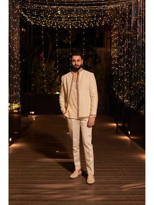 Jigar and Nikita Cream Impression Jacket with Short Kurta and Pant (Set of 3)