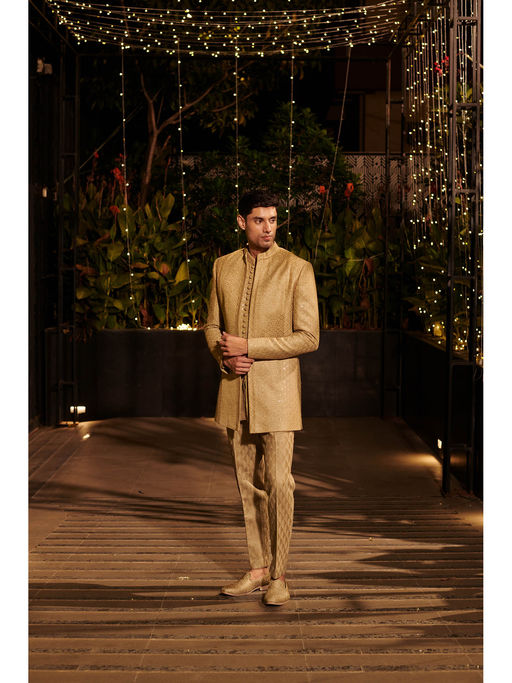 Jigar and Nikita Gold Opulent Oath Jacket with Short Kurta and Pant (Set of 3)