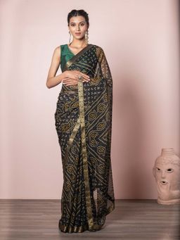 EXCLUSIVA - Black Blended Chiffon Bandhani Print Saree with Unstitched Blouse