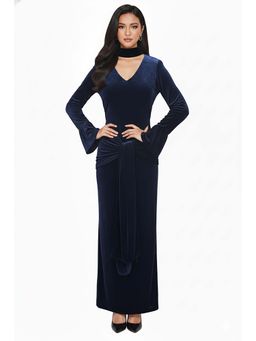 The Clothing Factory - Royal Navy Velvet Maxi Dress With Scarf Neck