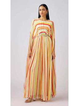 Basanti Kapde aur Koffee - Yellow Georgette Abstract Embellished Maxi Dress