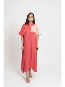 NEORA BY NEHAL CHOPRA - Coral Solid/Plain Collar Neck Midi Dress