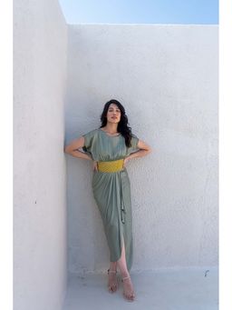 NEORA BY NEHAL CHOPRA - Green Solid/Plain Round Neck Maxi Dress