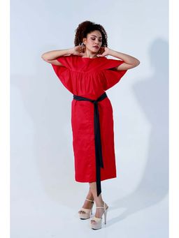 Echke - Red And Charcoal Angular Sleeves Dress