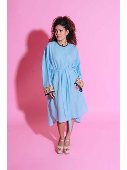 Echke - Sky Blue Dress Crafted Linen Kutch Embroidery With Apple Hemline.