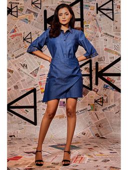 Echke - Demin Blue Short Dress With Side Zipper And White Stitch Detailing