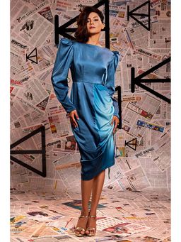 Echke - Turquoise Ombre Diva Satin With One Side Ruching Adjustable Strings Short Dress.