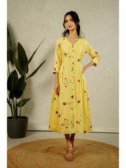 Mangalmay By Aastha - Yellow V-Neck Floral Midi Dress