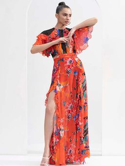 MANDIRA WIRK - Red Garden Printed Slit Dress