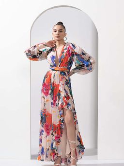 MANDIRA WIRK - Ivory Printed Chiffon Slit Dress