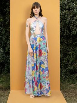 MANDIRA WIRK - Hibiscus Printed Sequins Romper Gown Maxi Dress