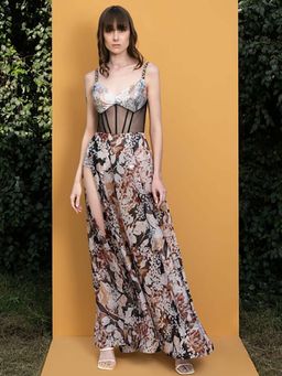 MANDIRA WIRK - Black Rose Printed Sequins Romper Maxi Dress