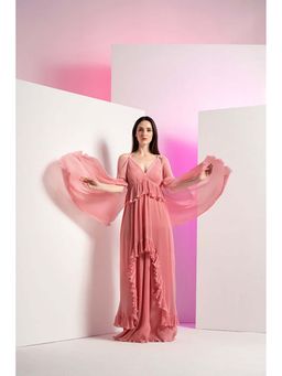 MANDIRA WIRK - Peach Pleated Maxi Dress With Pearl