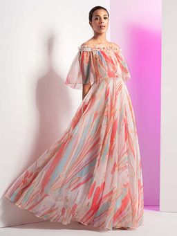MANDIRA WIRK - Floaty Marble Embroidered Off-Shoulder Gown Maxi Dress