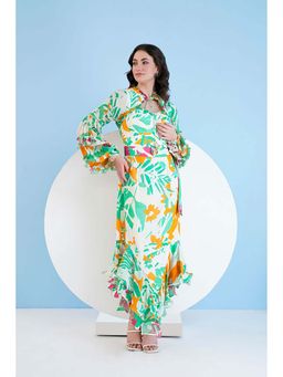 MANDIRA WIRK - Mustard Green Spring Asymmetric Dress