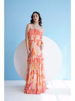 MANDIRA WIRK - Orange Pastoral Mist Pleated Maxi Dress
