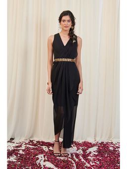 RIRASA - Sampata Dress Black Drape Dress with Embroidered Belt