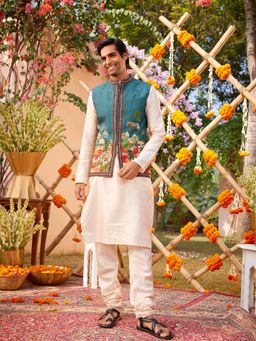 KALISTA - Beige Mehta Kurta with Churidar and Nehru Jacket (Set of 3)