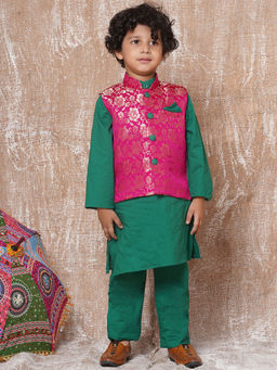 AJ Dezines - Blended Banarasi Pattern Kurta Pajama Waistcoat for Boys Green (Set of 3)