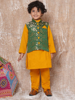 AJ Dezines - Blended Banarasi Pattern Kurta Pajama Waistcoat for Boys Yellow (Set of 3)