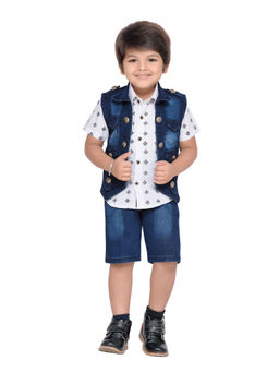 AJ Dezines - Cotton Blend Printed Shirt Short with Waistcoat Clothing Blue (Set of 3)