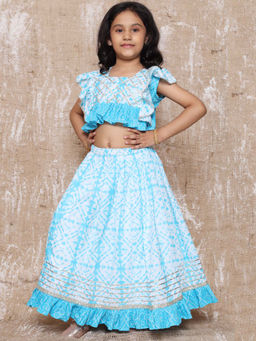 AJ Dezines - Cotton Bandhani Print Sleeveless Lehenga Choli for Girls Blue (Set of 2)