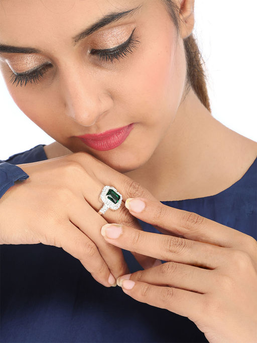 Yellow Chimes Green And Silver Toned Emerald Crystal Ring
