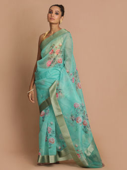 Indethnic - Banarasi Green Printed Party Wear Saree With Unstitched Blouse