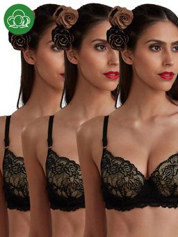 Inner Sense - Organic Cotton Padded Underwired Lace Bras ( Pack Of 3)-Black