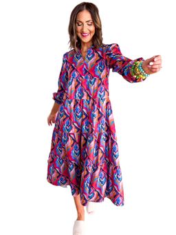 PARTIQ - Abstract Geometric Print Long Sleeve High Waist Dress