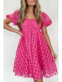 PARTIQ - Strawberry Pink Checks Puff Sleeve Babydoll Dress