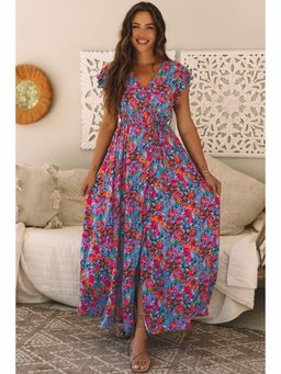 PARTIQ - Multi-Color Floral Print V Neck Wrap Split Maxi Dress