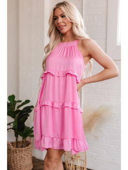 PARTIQ - Pink Smocked Neck Knot Back Frilly Tiered Sleeveless Mini Dress