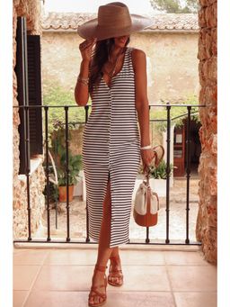 PARTIQ - White Stripes Print Sleeveless Buttoned Midi Dress